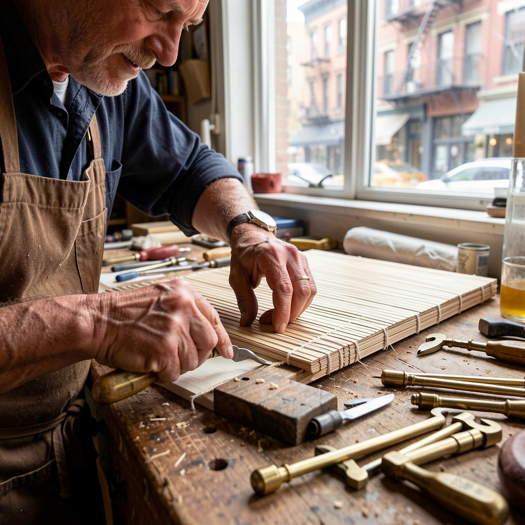Craftsman assembling custom blinds with precision tools